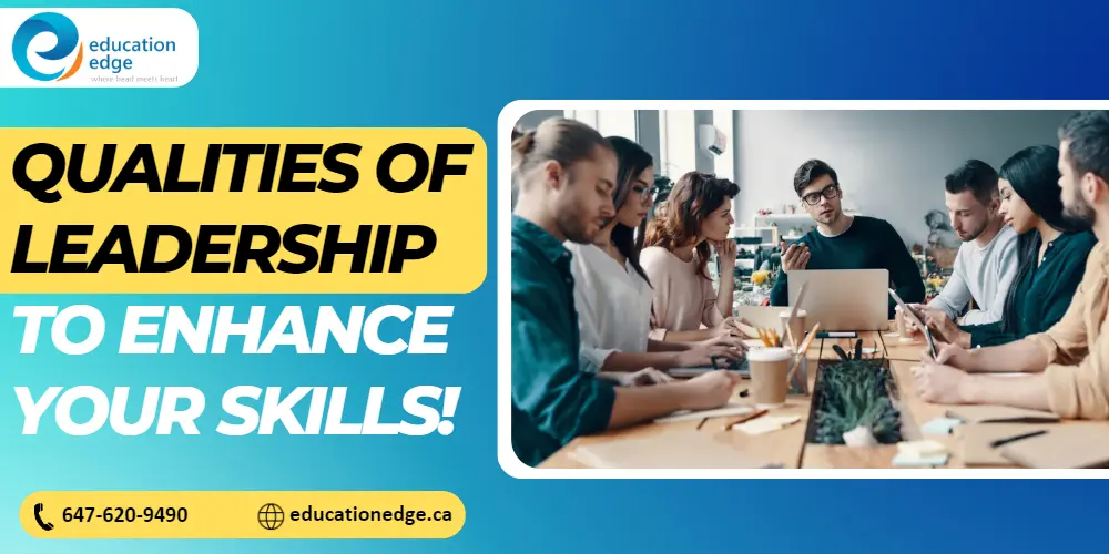 A diverse team collaborates in a modern office setting, discussing leadership qualities and strategies to enhance professional skills, reflecting teamwork and skill development.