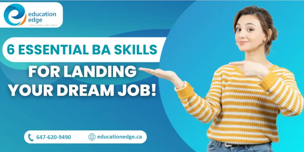 Smiling woman pointing to '6 Essential BA Skills for Landing Your Dream Job' text with contact details below.
