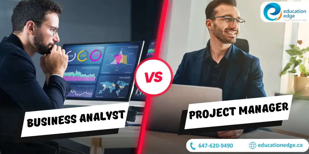 Comparison of a business analyst reviewing data analytics and a project manager smiling, illustrating the differences between the roles.