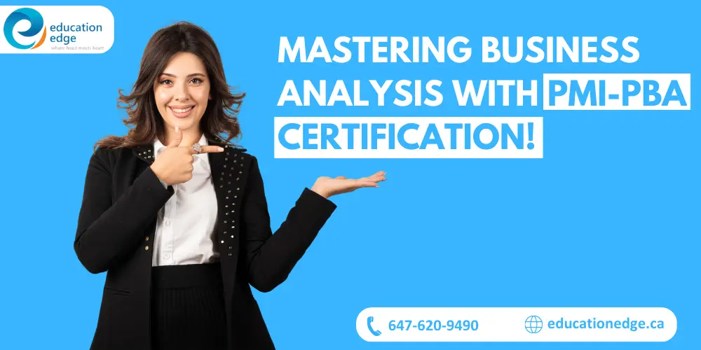 Smiling businesswoman presents 'Mastering Business Analysis With PMI-PBA Certification!' on a bright blue background, emphasizing its value for business analysts.