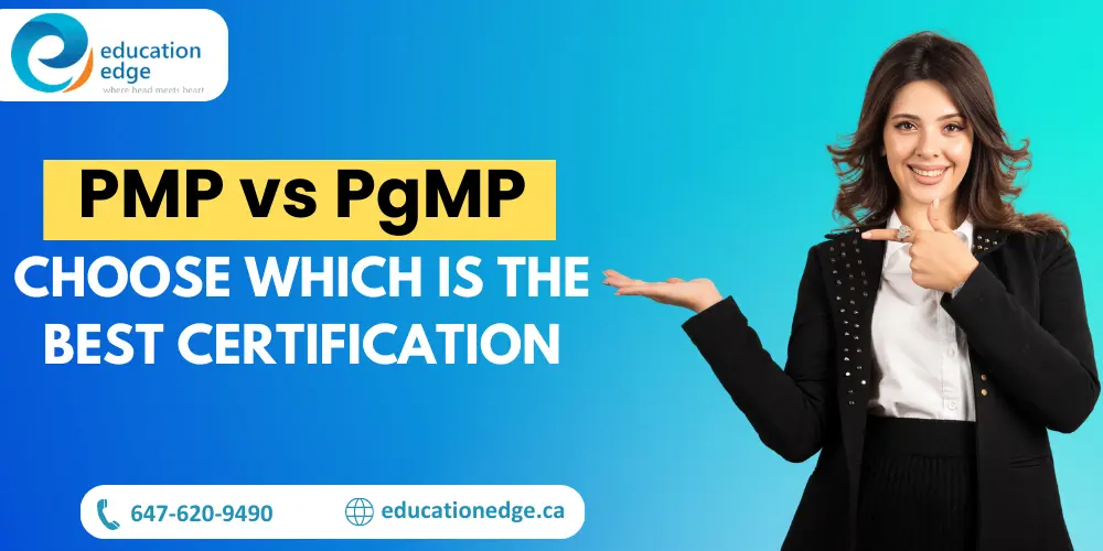 A woman in a business suit presents the question: PMP vs. PgMP, choose which is the best certification.