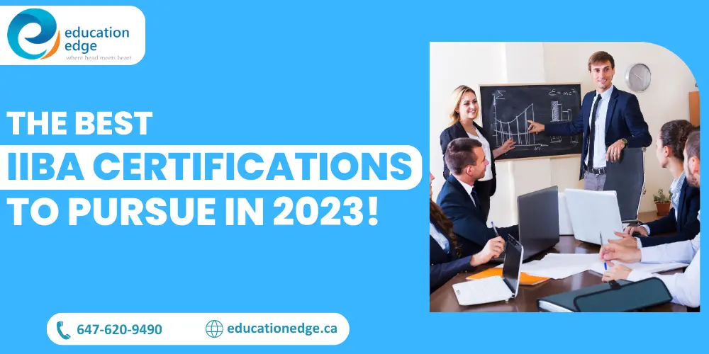 A team of business analysts in a meeting discussing a graph on a chalkboard, representing the best IIBA certifications to pursue in 2023