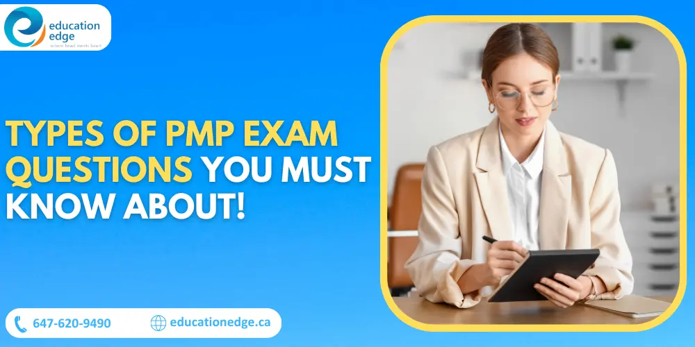 A woman in a professional setting reviews types of PMP exam questions on a tablet, highlighting the importance of understanding different question formats for PMP exam success.