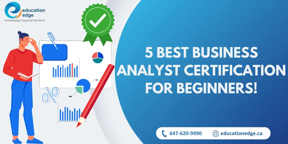 Infographic listing the 5 best business analyst certifications for beginners, featuring a person reviewing data charts and graphs.