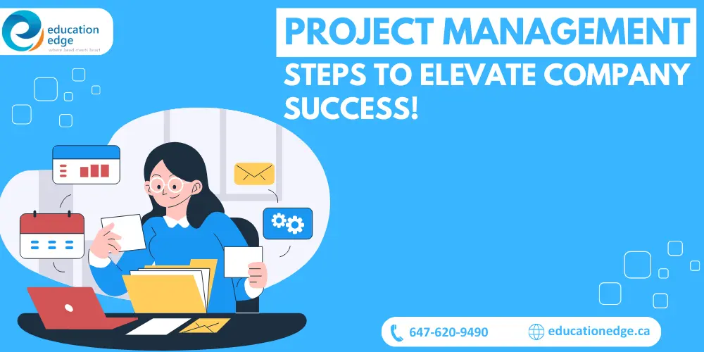 Illustration of project management steps to elevate company success, featuring a woman reviewing project documents with calendar and email icons, representing planning and communication