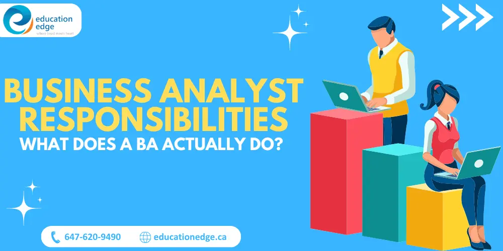 Illustration of a man and woman working on laptops, representing 'Business Analyst Responsibilities: What Does a BA Actually Do?