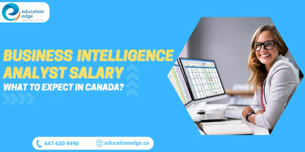 A Business Intelligence Analyst smiles while working with salary data on a computer, illustrating the potential earnings for BI analysts in Canada.