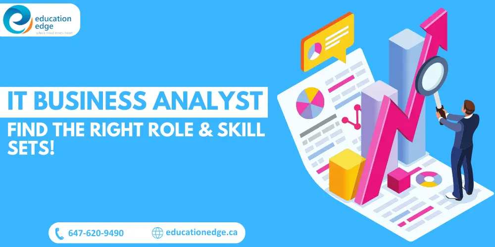 Infographic showing the IT Business Analyst role, highlighting necessary skills, with a person analyzing data trends using a magnifying glass.