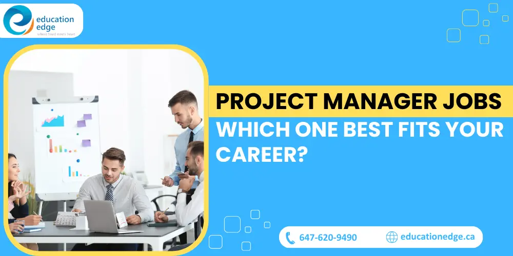 A team of professionals in a meeting, reviewing project data on a whiteboard with the title 'Project Manager Jobs: Which One Best Fits Your Career?' displayed prominently, symbolizing various career paths in project management.