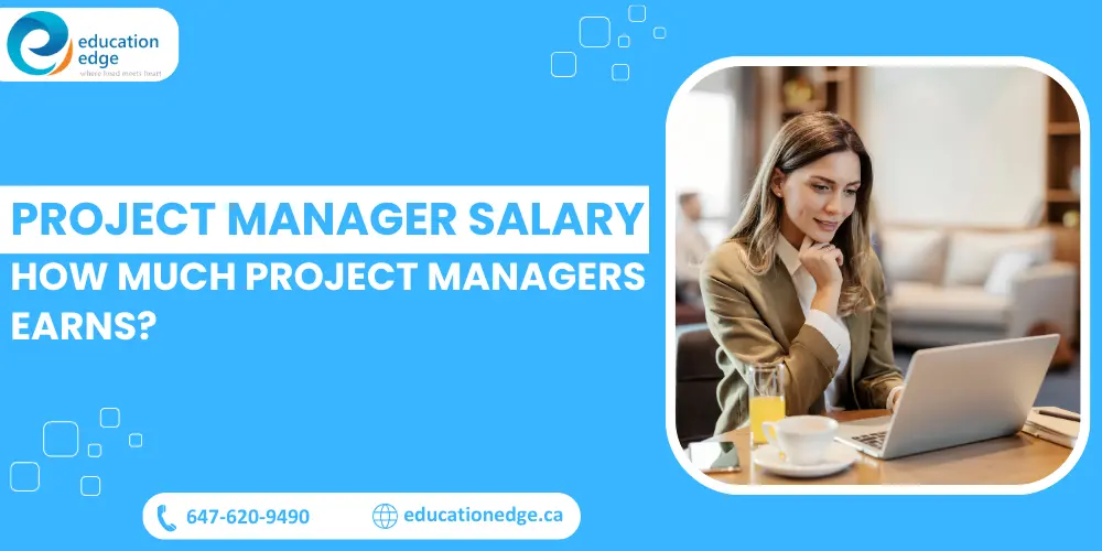 A project manager works on her laptop in a bright workspace; the image is next to the text 'Project Manager Salary: How Much Project Managers Earn?