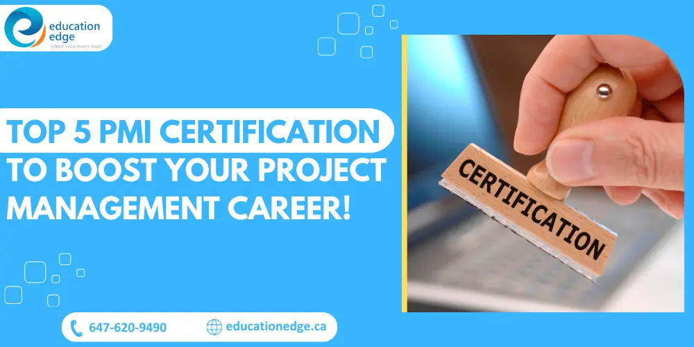 The image promotes the top 5 PMI certifications to boost a project management career, alongside a stamp that says 'Certification'.