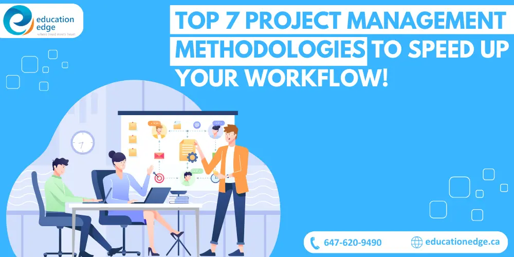 Illustration of a team collaborating on project management methodologies to improve workflow, as part of a blog post titled 'Top 7 Project Management Methodologies to Speed Up Your Workflow.