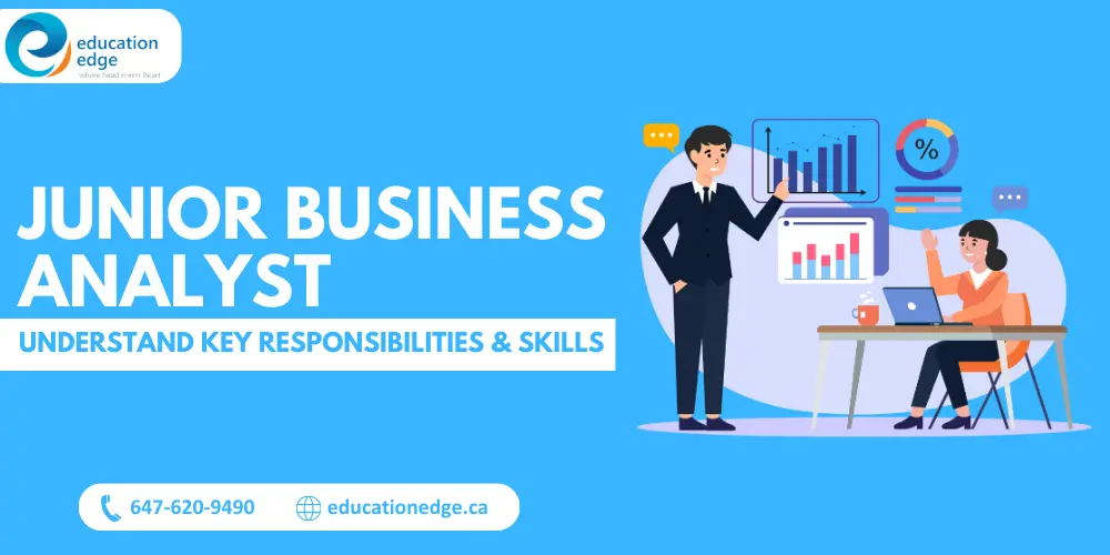 Infographic outlining the key responsibilities and skills of a junior business analyst, with illustrations of data analysis and collaborative work.
