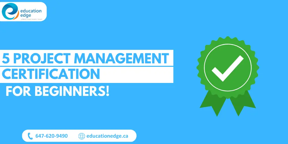 Infographic listing 5 project management certifications for beginners, displayed next to a green seal of approval.