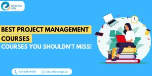 Illustration for the best project management courses online, featuring a woman studying on a stack of books with a laptop, surrounded by project management-themed icons like a clock, laptop, and smartphone.
