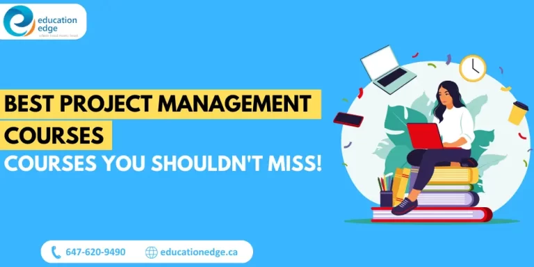 Illustration for the best project management courses online, featuring a woman studying on a stack of books with a laptop, surrounded by project management-themed icons like a clock, laptop, and smartphone.