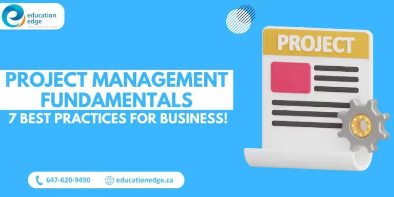 Infographic outlining project management fundamentals and seven best practices for business success, featuring a stylized project document and gear icon