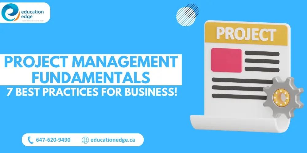 Infographic outlining project management fundamentals and seven best practices for business success, featuring a stylized project document and gear icon