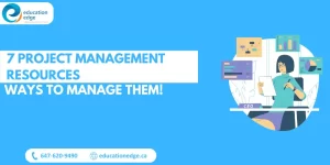 Infographic for 7 Project Management Resources: Ways to Manage Them, featuring a CEO reviewing charts and data visualizations to improve project outcomes.