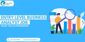 Illustration depicting entry-level business analyst job opportunities, highlighting salary, required skills, and career growth potential with upward trending charts and a magnifying glass representing analysis