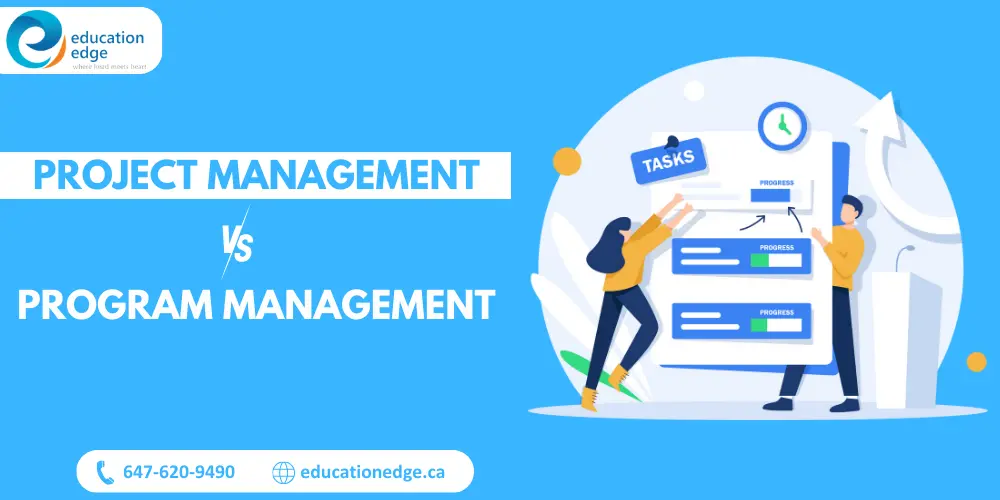 Illustration comparing project management and program management, showing team members updating tasks and progress on a visual dashboard