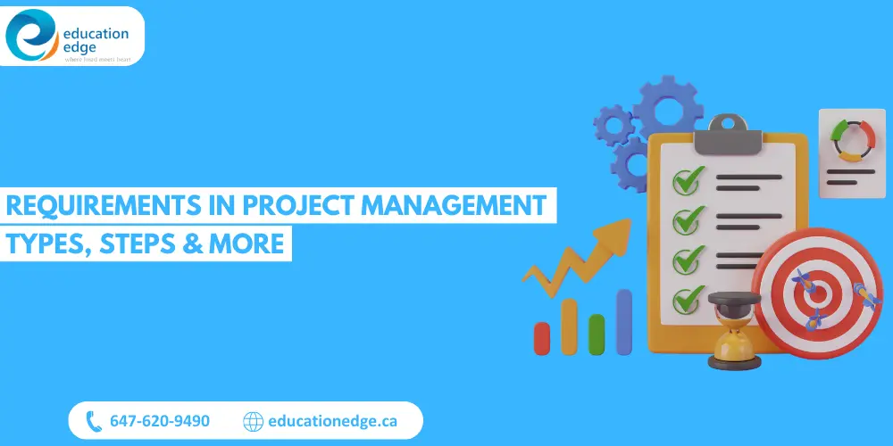 Illustration depicting the key elements of project management requirements, including a checklist, gears, a target, and a growth chart, representing the types and steps involved in defining and managing project requirements.
