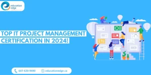 Infographic depicting team members collaborating on a project management dashboard, highlighting the top IT project management certifications for 2024