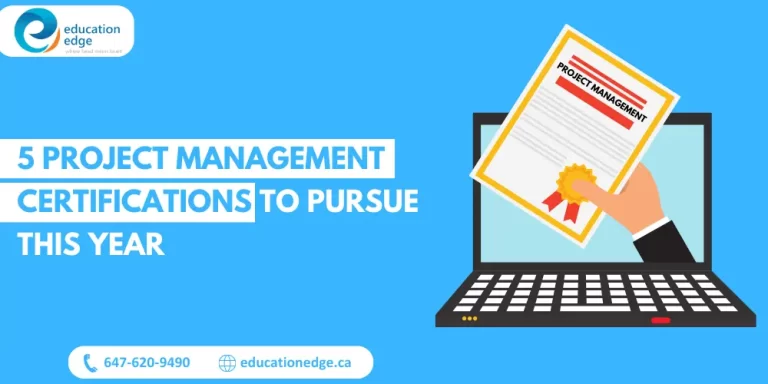 Infographic listing 5 project management certifications to pursue in 2024, displayed on a laptop screen with a hand holding a project management certificate.