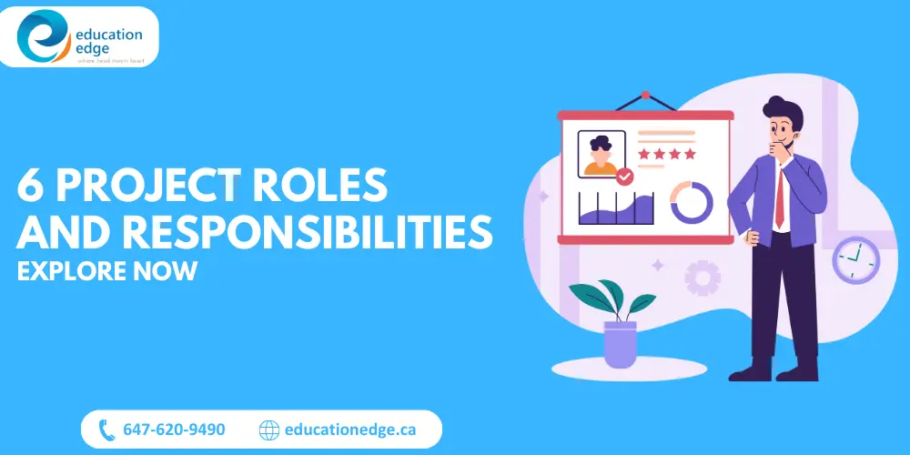 Infographic illustrating 6 key project roles and responsibilities, featuring a project manager reviewing project metrics and team performance data. Explore the essential roles for successful project execution.