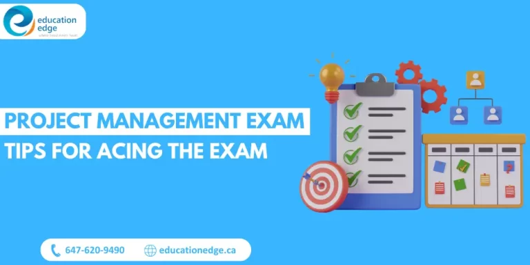 Infographic with project management exam tips, including a checklist, Kanban board, and target, to illustrate strategies for acing the certification exam.